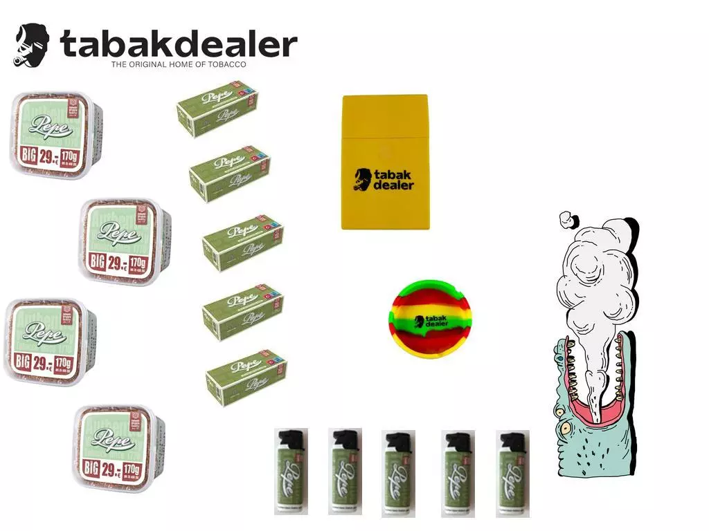 Pepe Bright Green XXXL Tabak + 1000 Hülsen + 5 Pepe Sturm Feuerzeuge + Tabakdealer Aschenbecher & Etui 