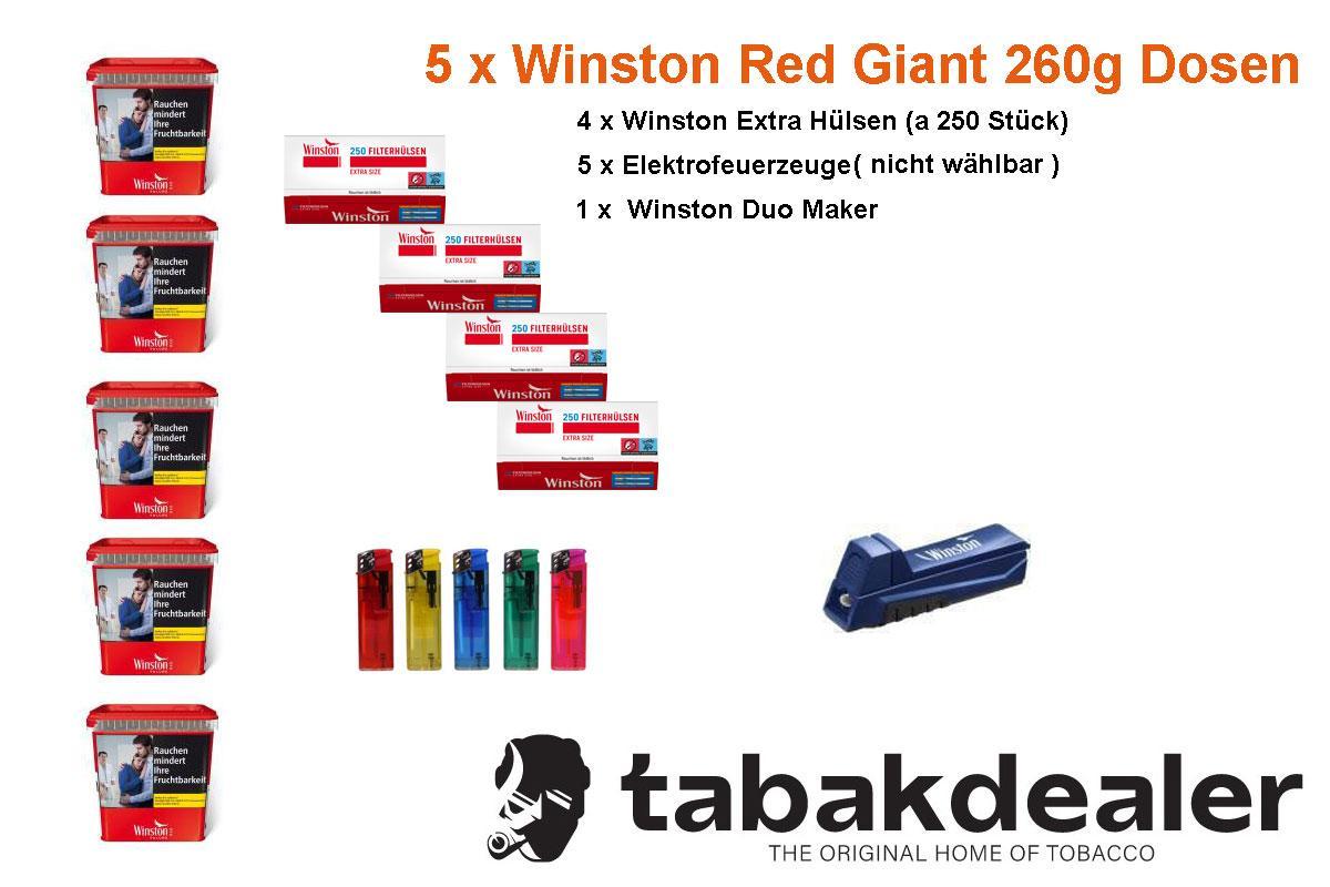 5 x Winston Red Giant 260g + 1000 Winston Extra Hülsen + Duomaker + Zubehör 