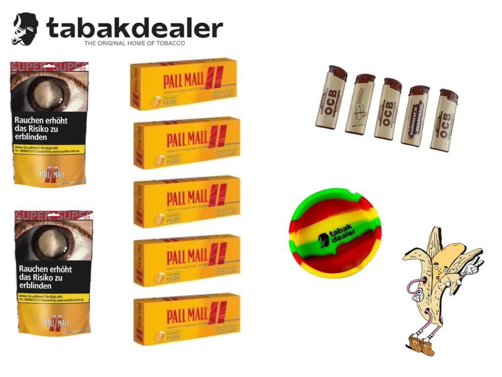 2 Pall Mall Allround Red Beutel 155g, 1000 Pall Mall Hülsen, OCB Feuerzeuge, Aschenbecher