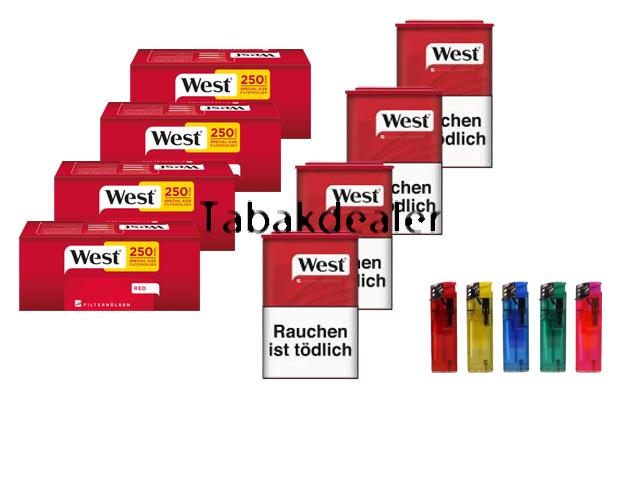 4 x West Red 65g Tabak + 4 x 250 West Red Filterhülsen und 5 Elektrofeuerzeuge 