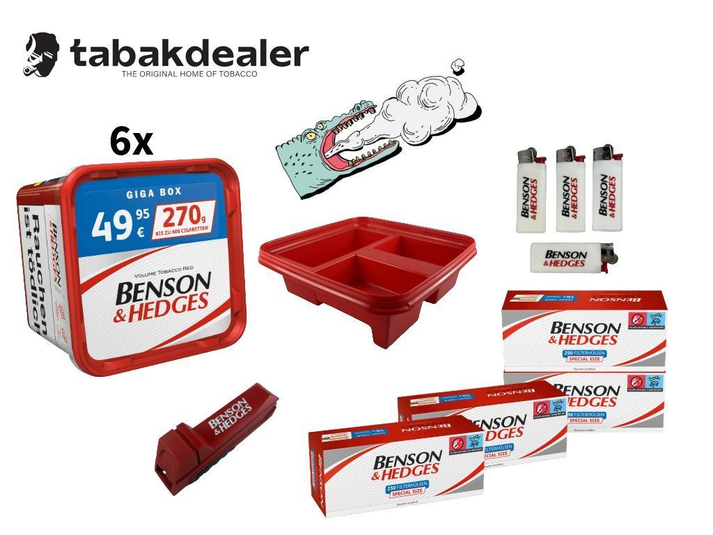 6x Benson & Hedges Tabak 270g + 1000 Hülsen + 4x Benson & Hedges Feuerzeuge + 1x Stopfer + 1x Aufbewahrungsdeckel 
