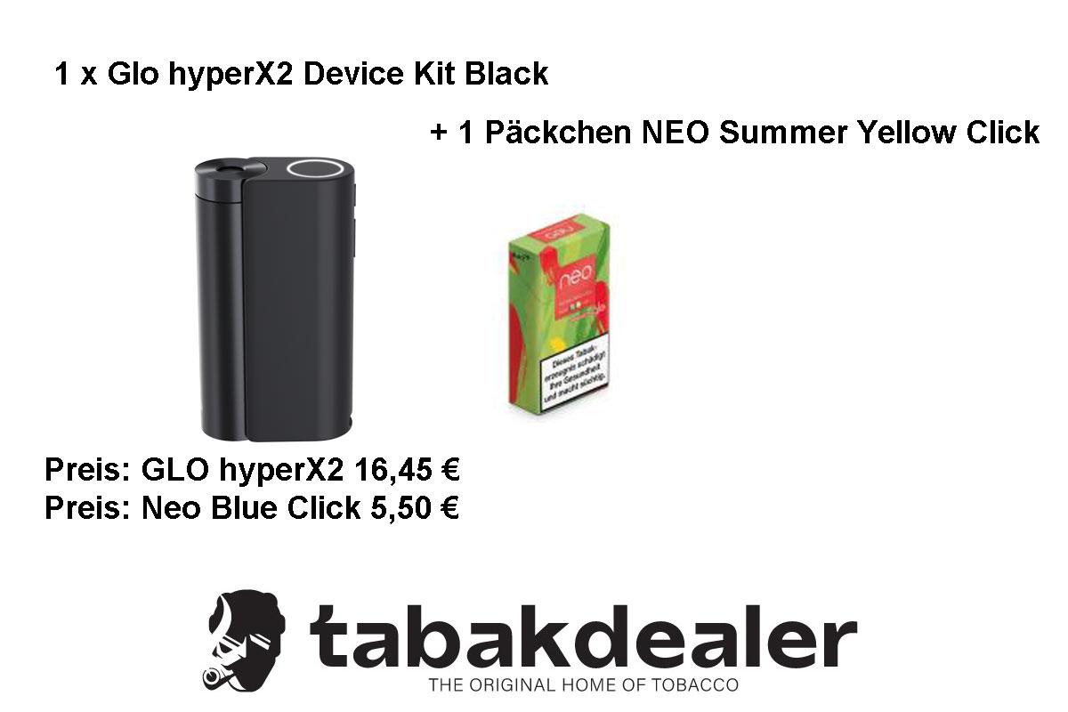 glo hyperX2 Device Kit Black + 1 Packung NEO Summer Yellow Click Tabaksticks 