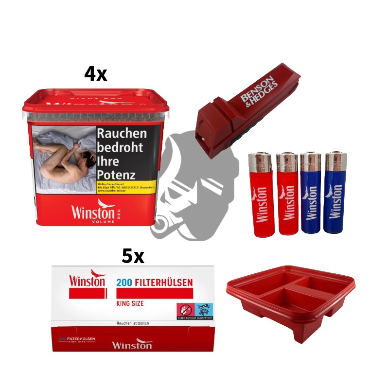 4x Winston Red Tabak Box 205g + 1000 Winston Hülsen + 1 Benson & Hedges Duo Maker + 4 BIC Mini Feuerzeuge + 1 Winston Aufbewahrungsdeckel 4x Winston Red Tabak Box 205g + 1000 Winston Hülsen + 1 Benson & Hedges Duo Maker + 4 BIC Mini Feuerzeuge + 1 Winston Aufbewahrungsdeckel