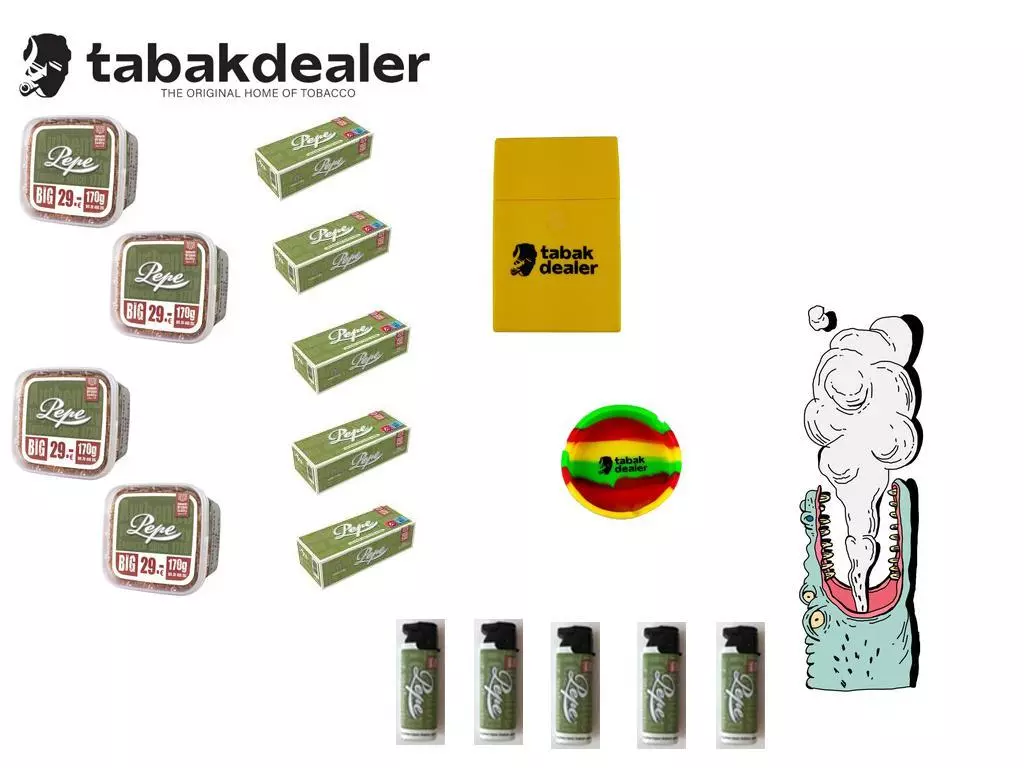 Pepe Rich Green XXXL Tabak + 1000 Hülsen + 5 Pepe Sturm Feuerzeuge + Tabakdealer Aschenbecher & Etui