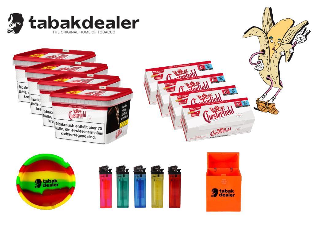 4x Chesterfield Mega Tabak + 1000 Hülsen + 5 Cool Reibradfeuerzeuge + 1 Tabakdealer Aschenbecher + 1 Tabakdealer Etui 