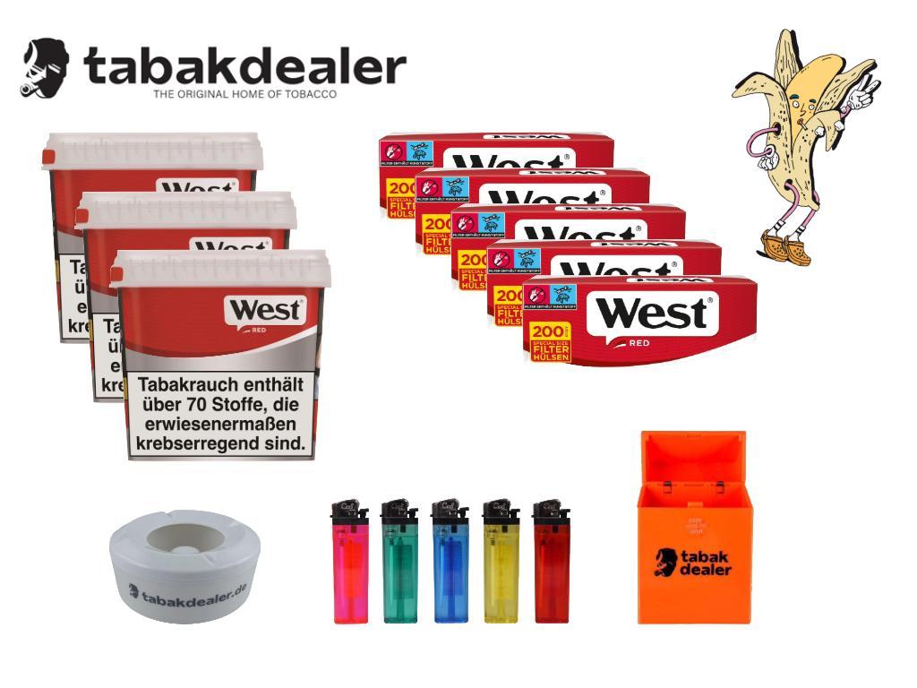 3x West Red Titan Box Tabak + 1000 Hülsen + 5 Cool Reibradfeuerzeuge + 1 Tabakdealer Windascher + 1 Tabakdealer Etui 