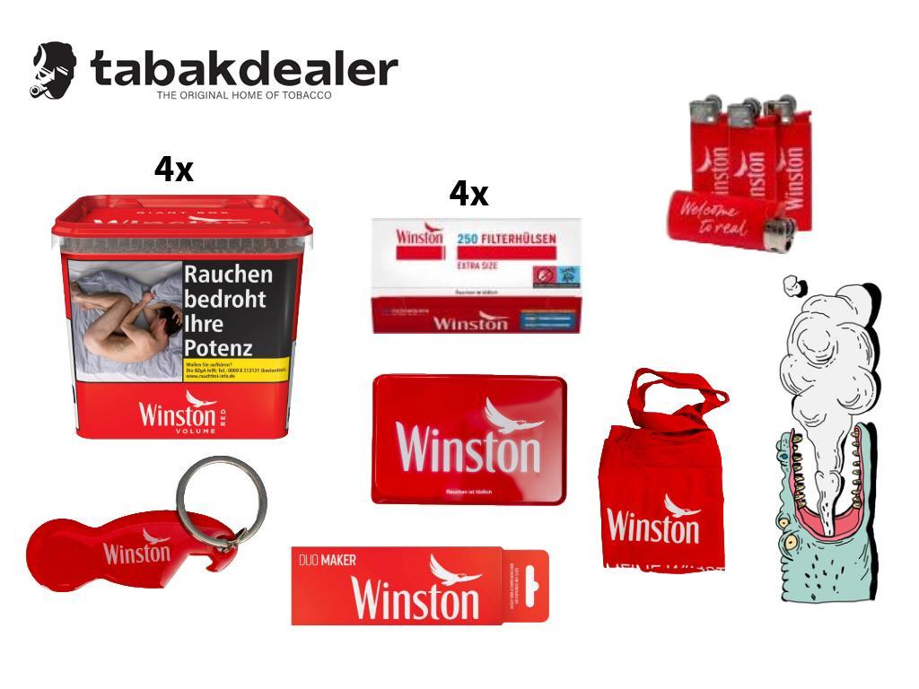 4x Winston Giant Box Red 205g + 1000 Hülsen + 4x Feuerzeuge + 1x Stofftasche + 1x Stopfer + 1x Schlusselanhänger + 1x Stopftray 