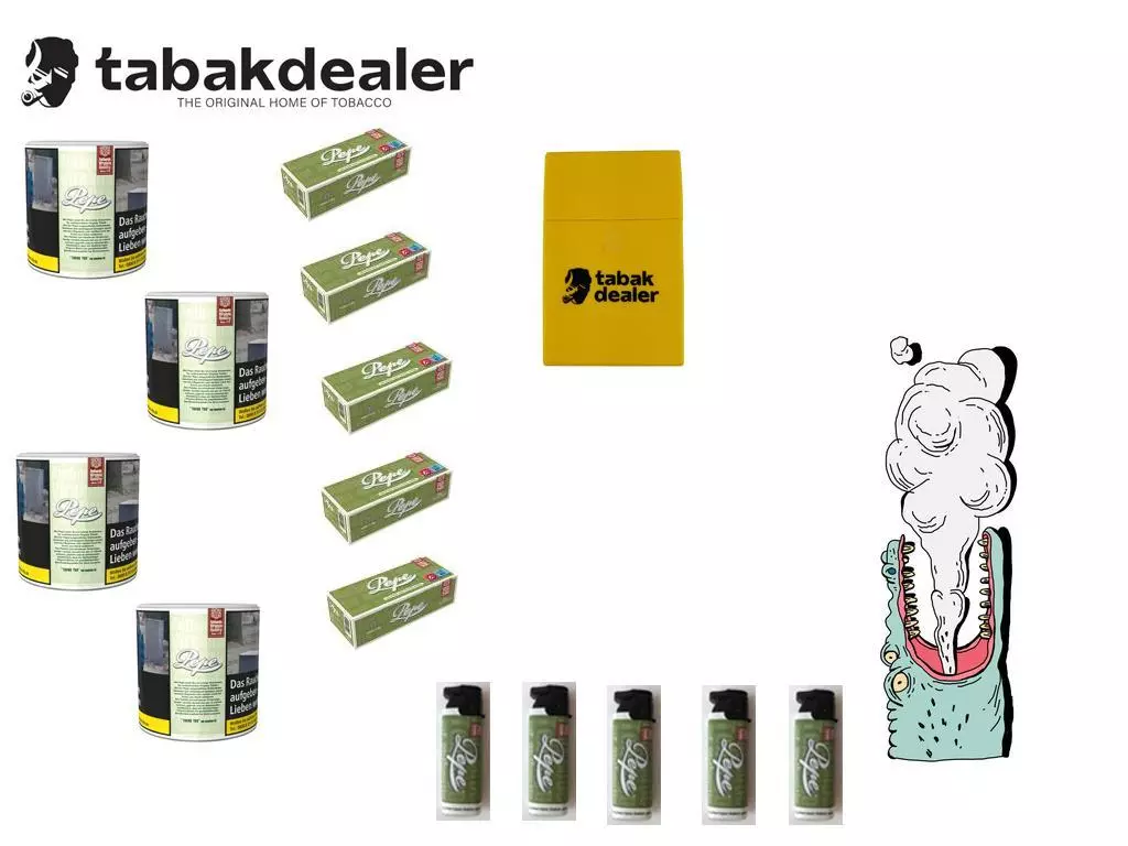 Pepe Bright Green Tabak + 1000 Hülsen + 5 Pepe Sturm Feuerzeuge + Tabakdealer Etui 