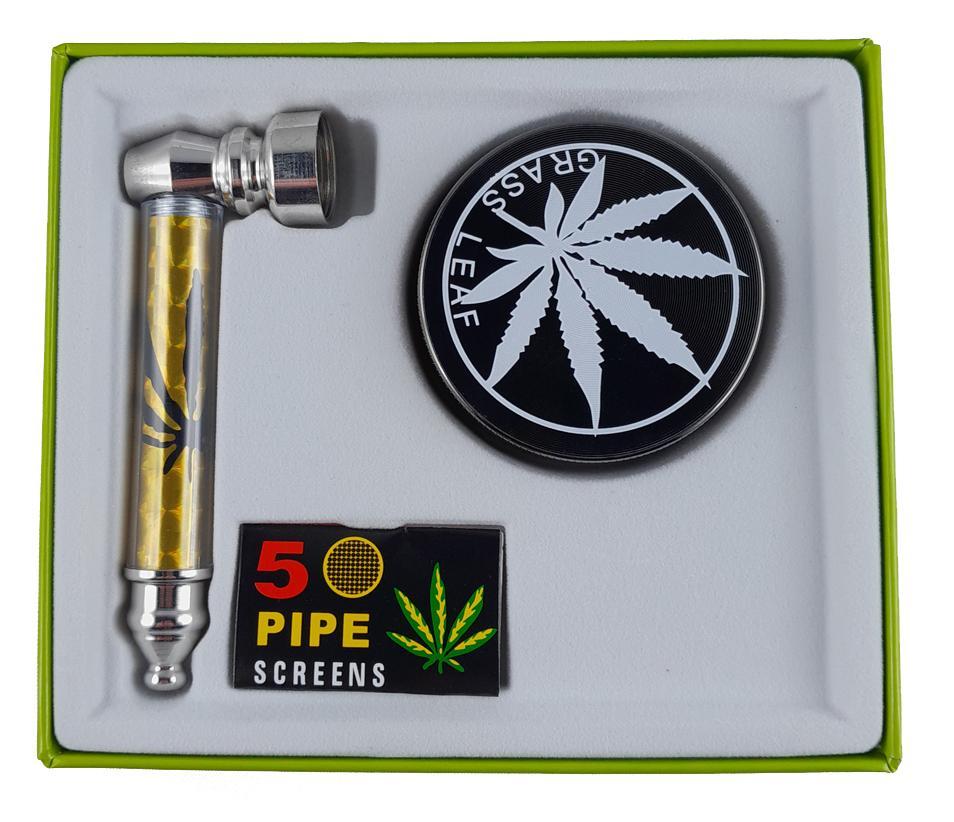 Metallpfeife (gold) mit Metallgrinder und Siebe 1 Stück