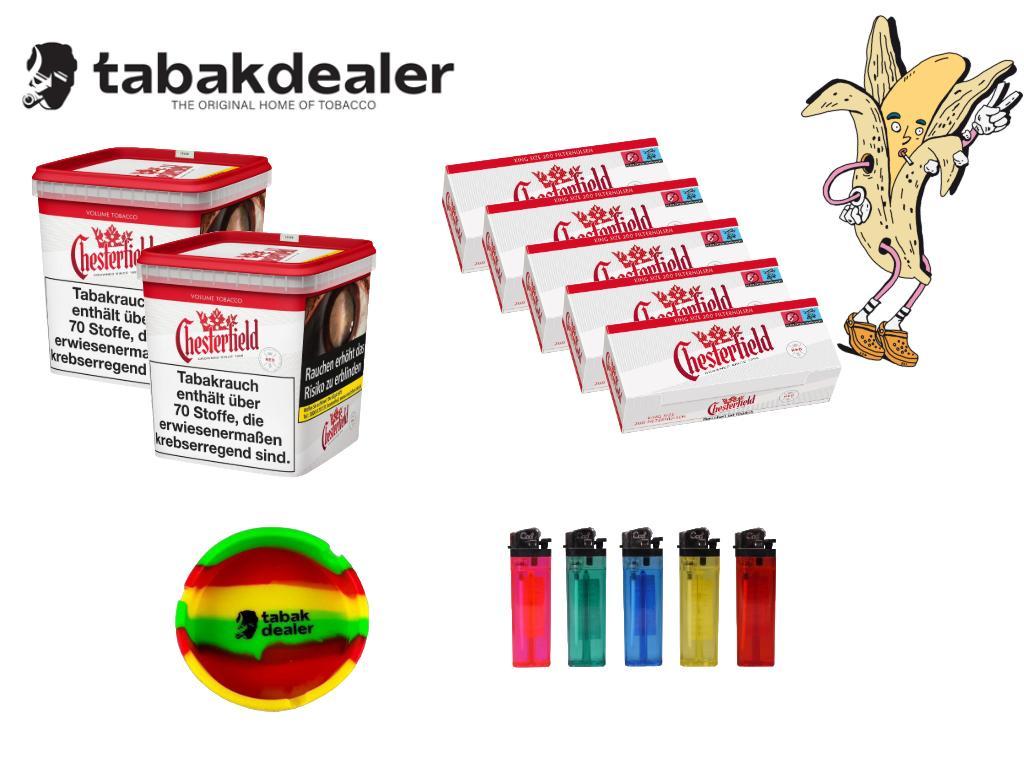 2x Chesterfield Giga Tabak + 10000 Hülsen + 5 Cool Reibradfeuezeuge + 1 Tabakdealer Aschenbecher 