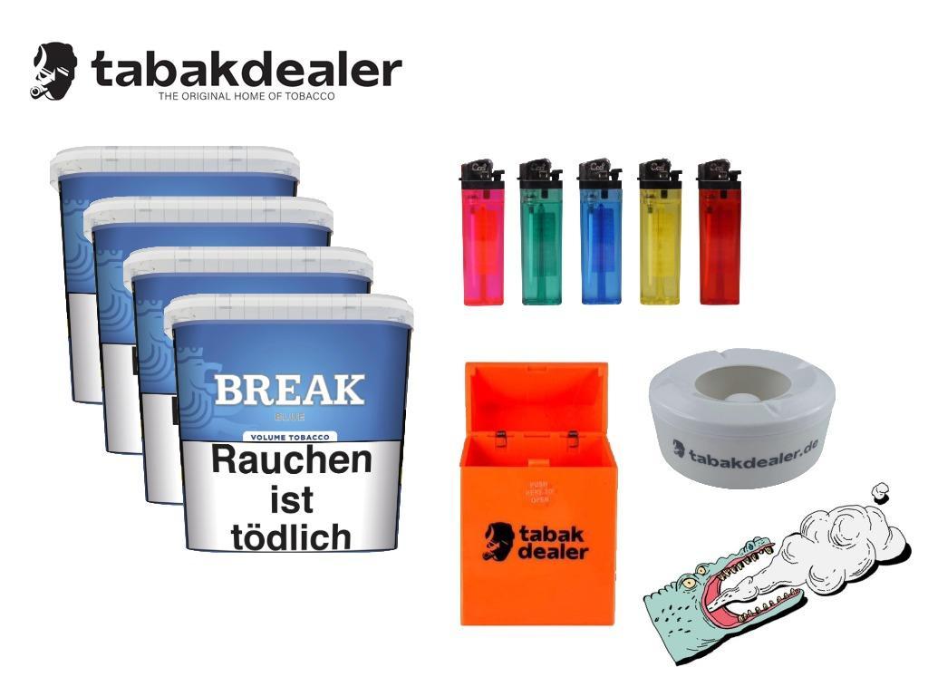 4 x Break Blue Bucket 195g + 5 Cool Feuerzeuge + 1 Windascher + Tabakdealer Etui 