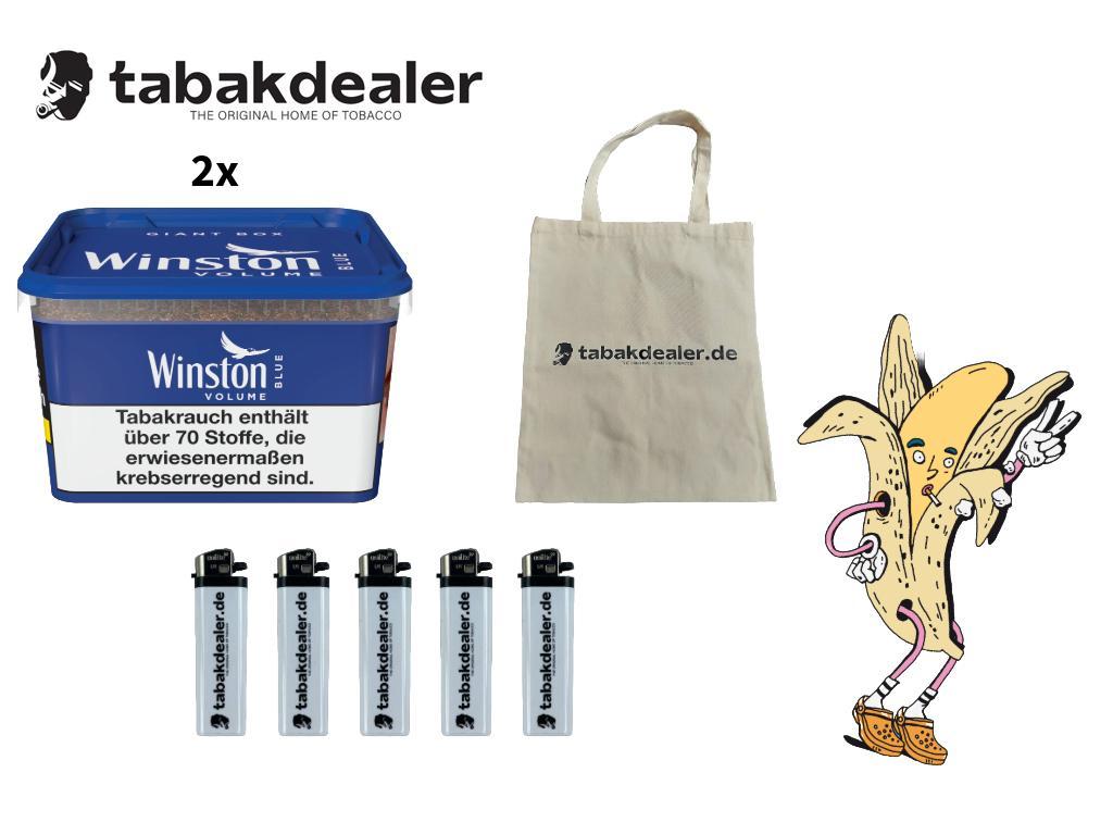 2x Winston Blue Giant Box 195g + 5 Tabakdealer Feuerzeuge & Tabakdealer Tragetasche 