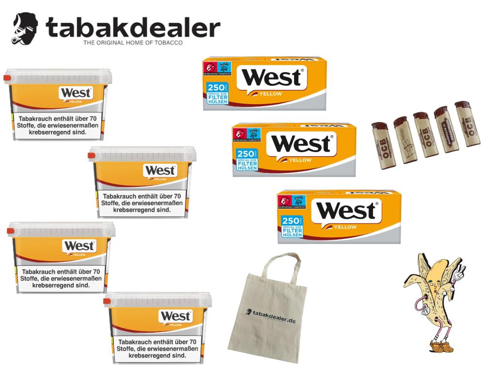 4 x West Yellow Vol.Jumbo Box 110g, 750 Hülsen, OCB FZ, TD Tasche