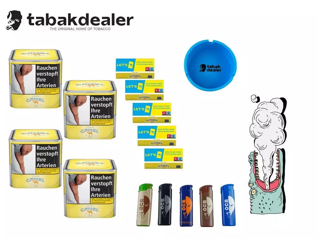 Camel Tabak Premium S Tabak + 1000 Hülsen + 5 OCB Feuerzeuge und Tabakdealer Aschenbecher 