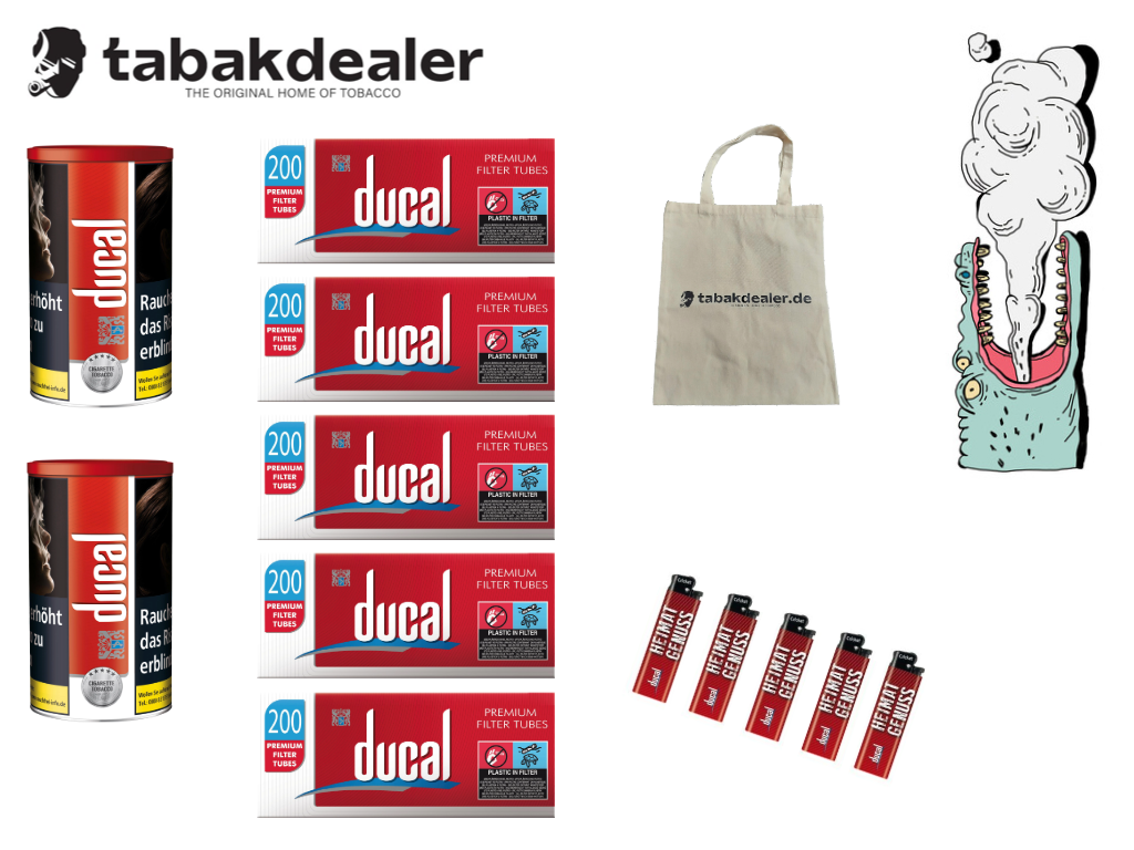 Ducal Original Tabak + 1000 Hülsen + 5 Ducal Feuerzeuge & Tabakdealer Tasche 