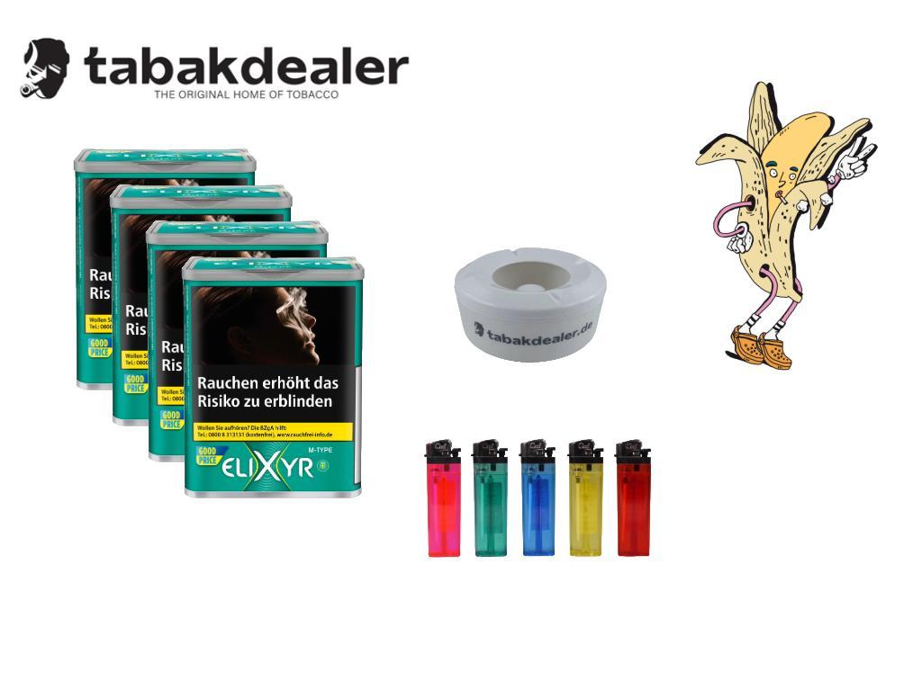 4x Elixyr+ Cigarette Tobacco + 5 Cool Reibradfeuerzeuge + 1 Tabakdealer Windascher 