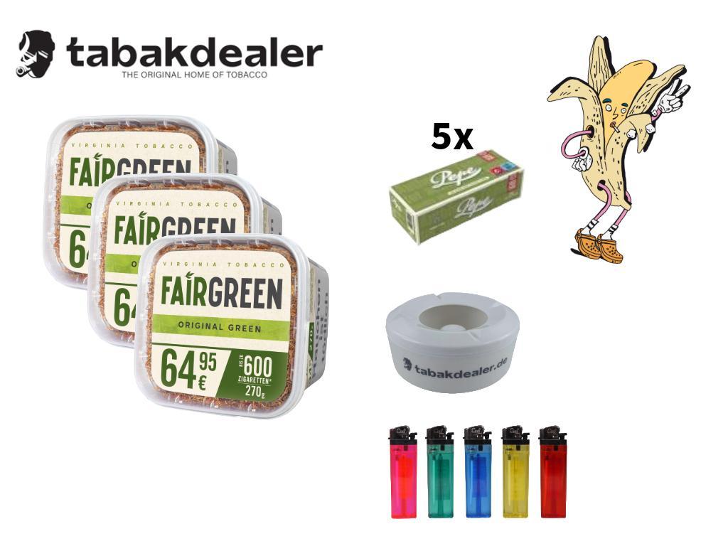 3x Fairgreen Original Green Volumen 4XL + 1000 Hülsen + 5 Cool Feuerzeuge+ 1 Windascher 