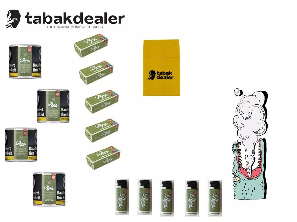 Pepe Rich Green Tabak + 1000 Pepe Hülsen + 5 Pepe Sturm Feuerzeuge + Tabakdealer Etui