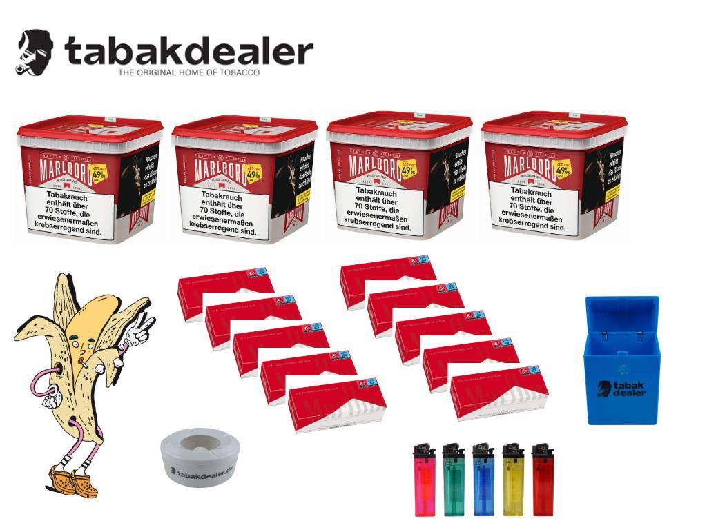 4 x Marlboro Crafted Selection Tabak + 2000 Marlboro Red Hülsen + 5 Reibrad Feuerzeuge + 1 Tabakdealer Etui + 1 Tabakdealer Windascher