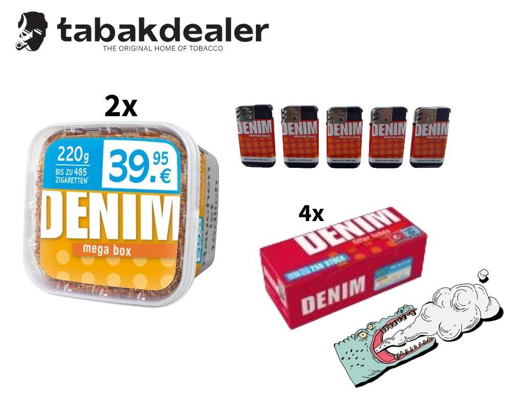2 x Denim Volumentabak 220g + 1000 Hülsen + 5 x Denim Feuerzeuge 