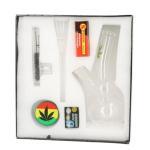 Mini Glasbong H.17cm mit Hanfblatt+Grin 1 Stück