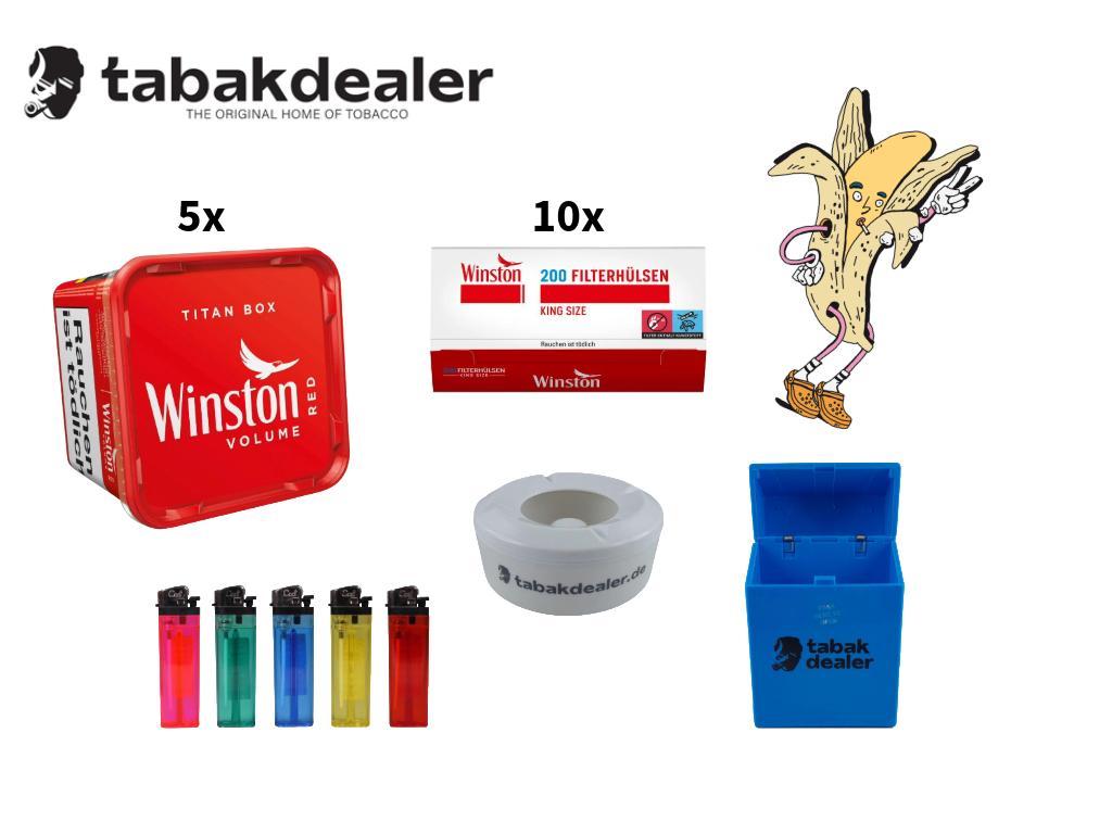 5 x Winston Red Titan Box + 2000 Hülsen + 5 Reibrad Feuerzeuge + 1 Tabakdealer Etui + 1 Tabakdealer Windascher 