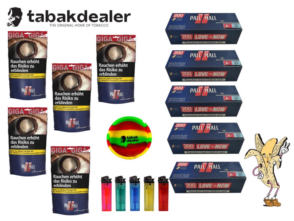 5 Pall Mall Red Beutel 104g, 1000 Pall Mall Hülsen, 5 Reibrad Feuerzeuge, Aschenbecher