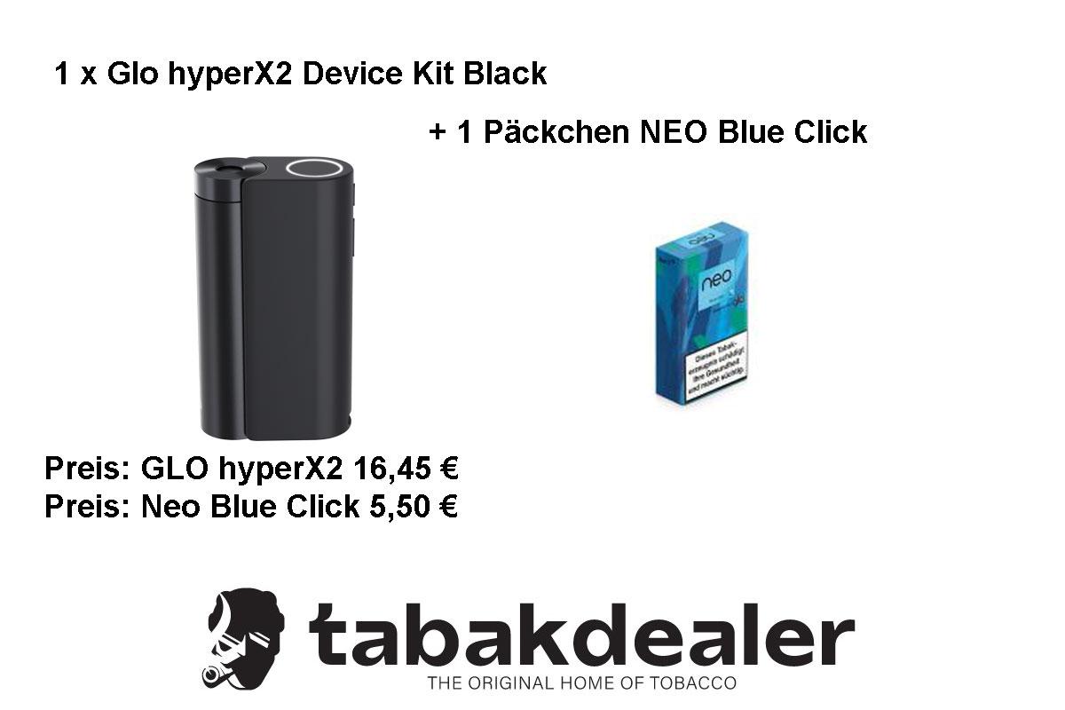 glo hyperX2 Device Kit Black + 1 Packung NEO Blue Click Tabaksticks 