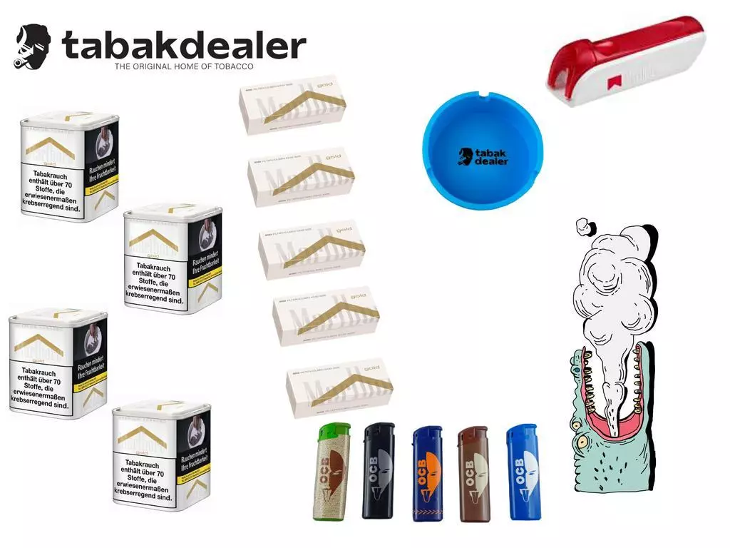 Marlboro Gold Tabak + Marlboro Stopfer + 1000 Hülsen + 5 OCB Feuerzeuge + Tabakdealer Aschenbecher 