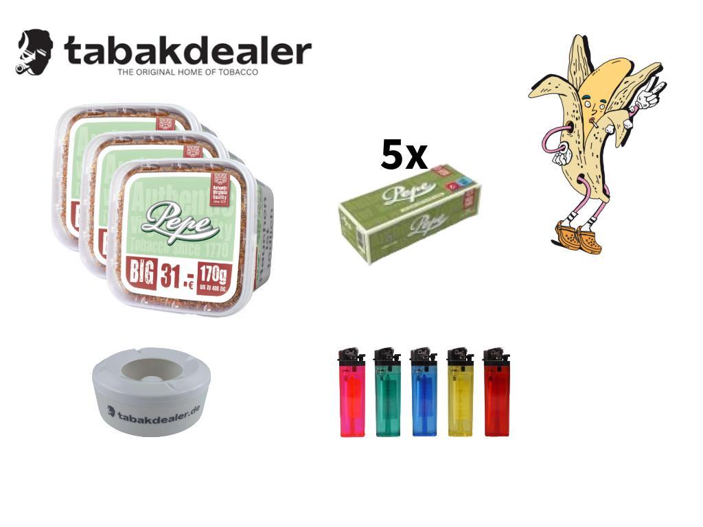 3x Pepe Bright Green Volumen 3XL + 1000 Hülsen + 5 Cool Feuerzeuge +1 Windascher 