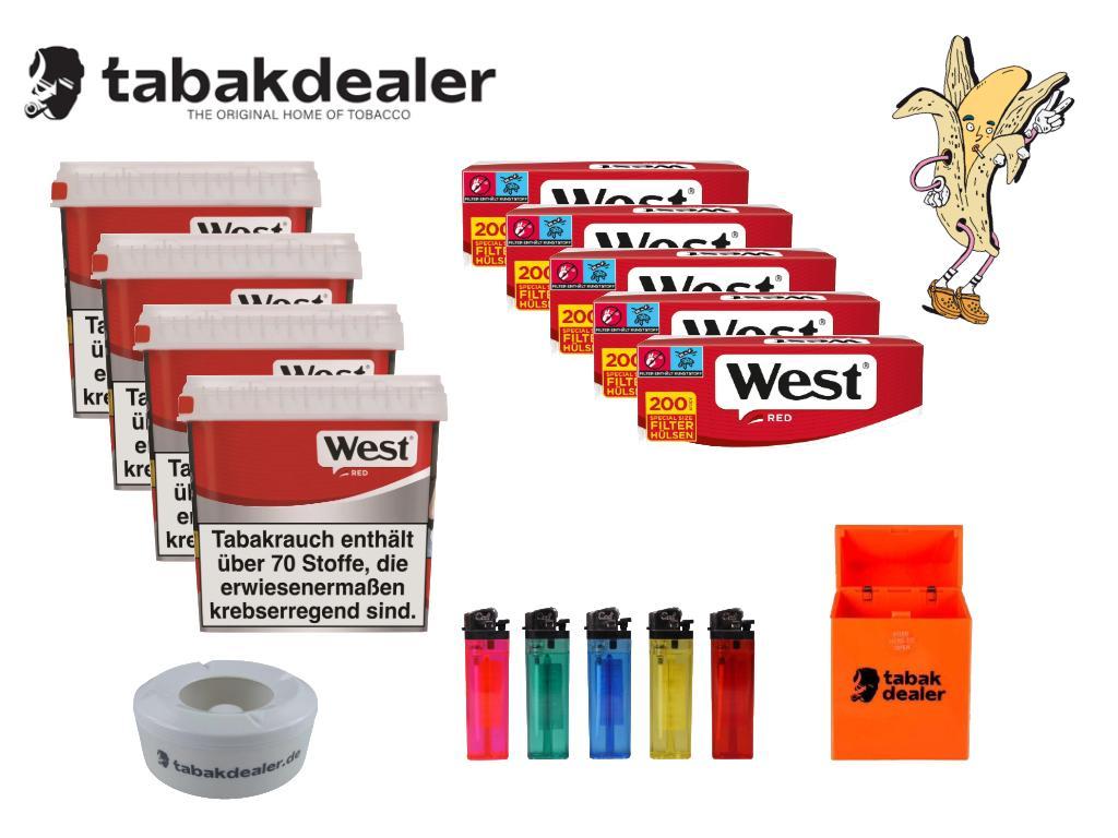 4x West Red Titan Box Tabak + 1000 Hülsen + 5 Cool Reibradfeuerzeuge + 1 Tabakdealer Etui + 1 Tabakdealer Windascher 