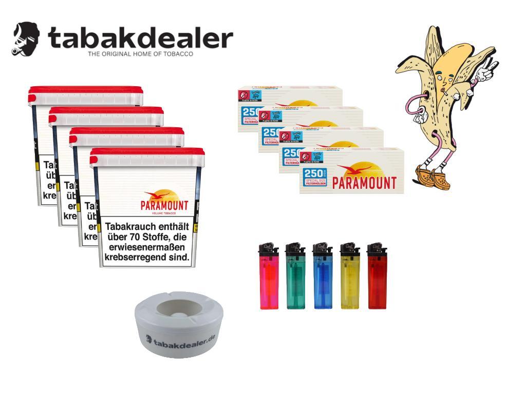 4x Paramount Volumen Tobacco + 1000 Hülsen + 5 Cool Feuerzeuge + 1 Windascher 