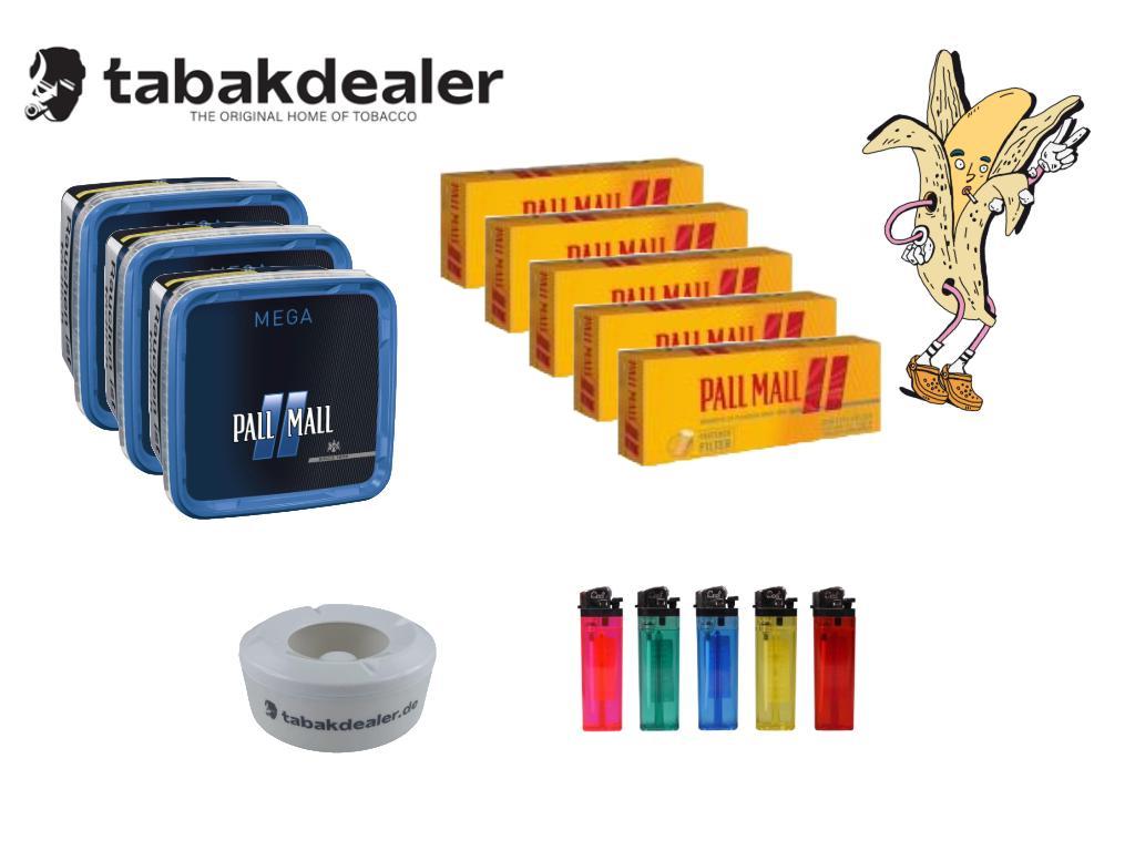 3x Pall Mall Allround Blue Mega Box + 1000 Hülsen + 5 Cool Reibradfeuerzeuge + 1 Tabakdealer Windascher 1 x 135g