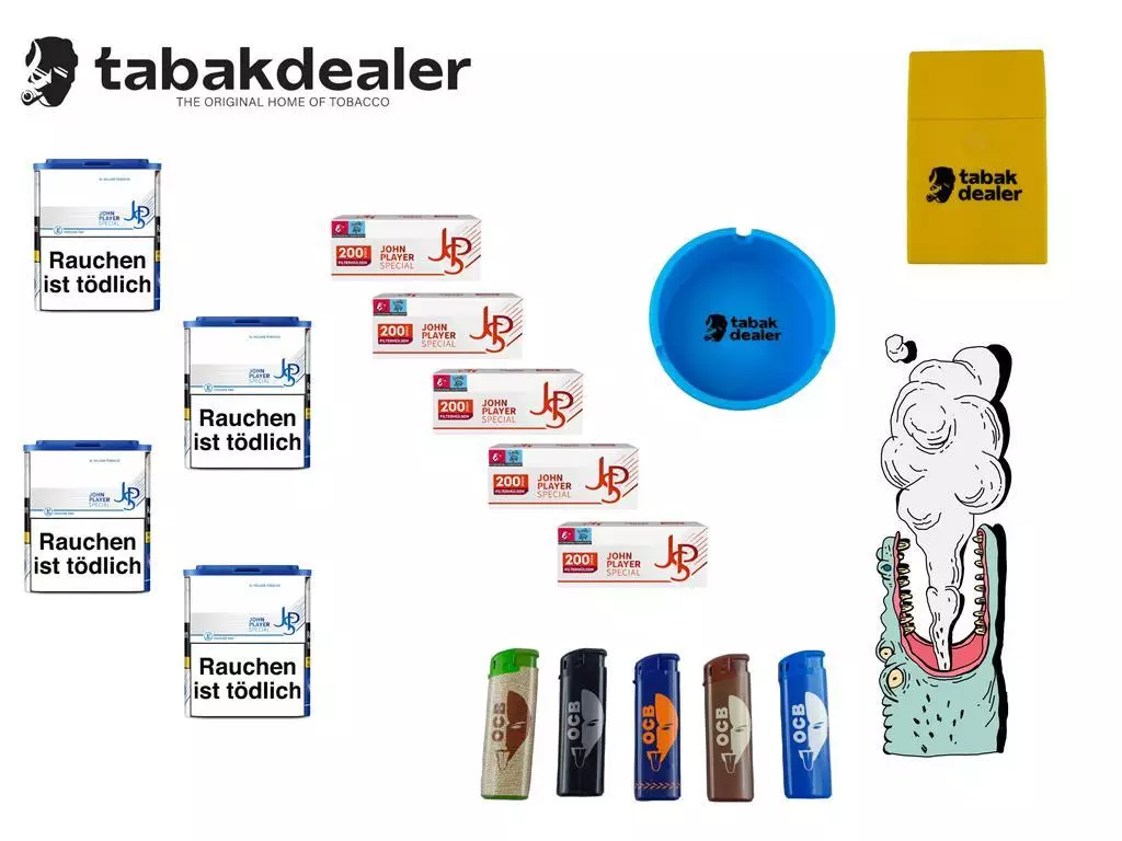 John Player Blue XL Tabak + 1000 Hülsen + 5 OCB Feuerzeuge + Tabakdealer Aschenbecher und Etui