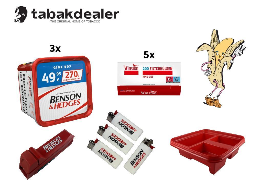 3x Benson & Hedges Tabak + 1000 Winston Hülsen + 1 Benson & Hedges Duo Maker + 4 BIC Mini Feuerzeuge + 1 Winston Aufbewahrungsdeckel 270g Bundle 