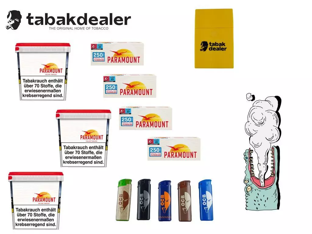 Paramount Volumen Tabak + 1000 Hülen + 5 OCB Feuerzeuge + Tabakdealer Etui 