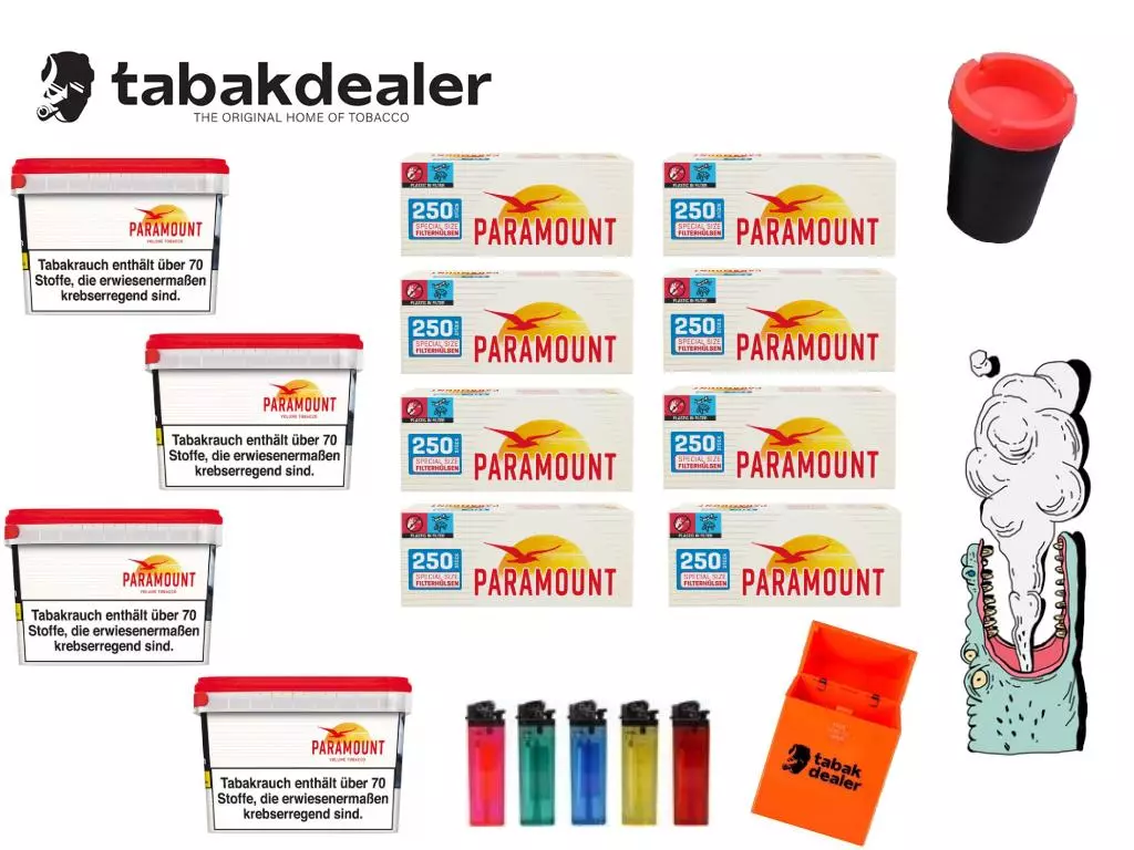 Paramount Red Vol. Tabak + 2000 Paramount Hülsen + 5 Feuerzeuge + Tabakdealer Etui & Autoaschenbecher 