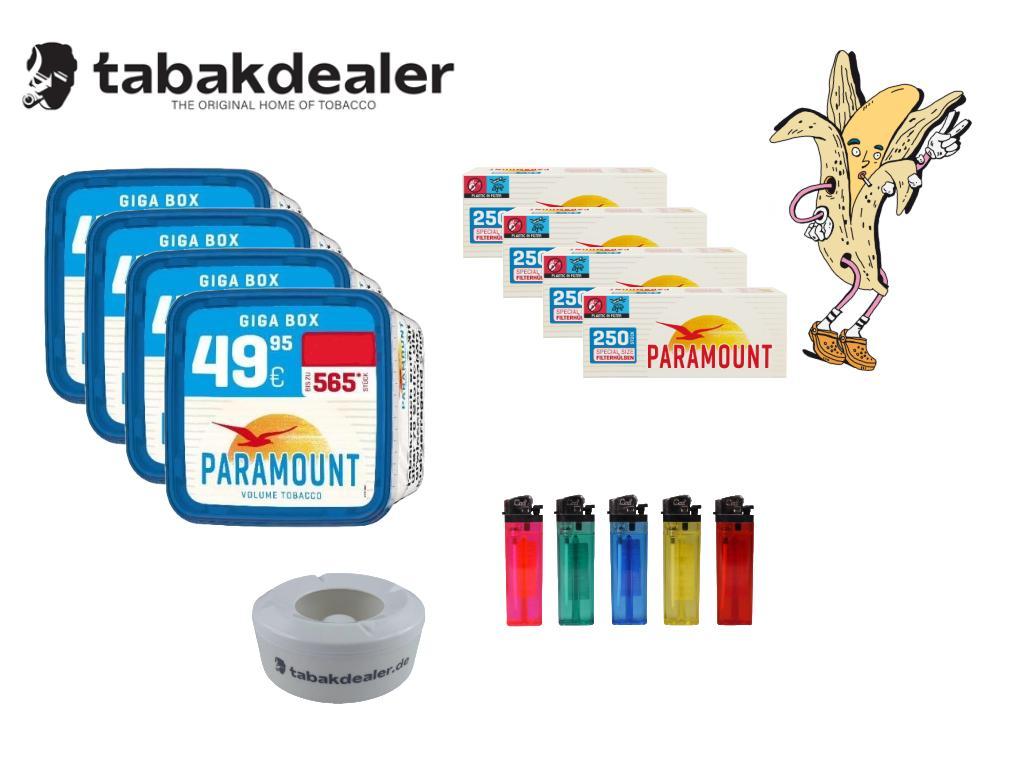 4x Paramount Blue Volumen Tobacco + 1000 Hülsen + 5 Cool Feuerzeuge + 1 Windascher 