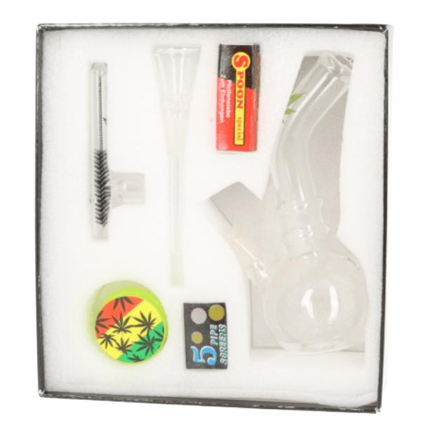 Mini Glasbong H.17,5cm mit Hanfblatt+Grinder 1 Stück Mini Glasbong H.17,5cm mit Hanfblatt+Grinder 1 Stück