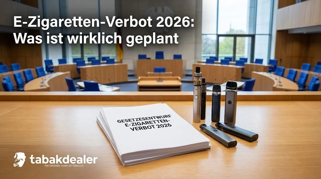 Plenarsaal mit halbkreisförmigen Sitzreihen und Rednerpult. Auf einem Tisch liegen ein Stapel Dokumente mit der Aufschrift „Gesetzentwurf E-Zigaretten-Verbot 2026“