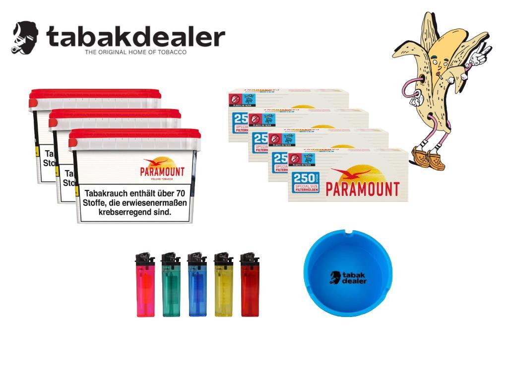3x Paramount Red Volumen + 1000 Hülsen + 5 Cool Feuerzeuge + 1 Tabakdealer Aschenbecher 