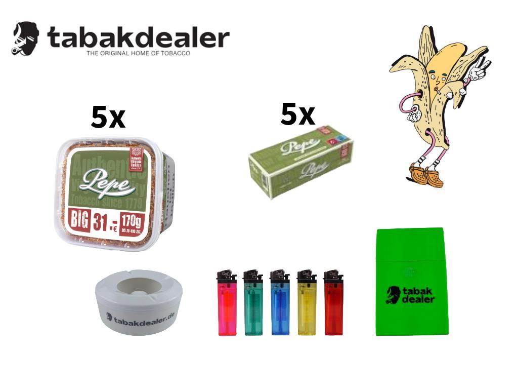 5x Pepe Rich Green Volumen 3XL + 1000 Hülsen + 5 Cool Feuerzeuge +1 Windascher + 1 Etui 