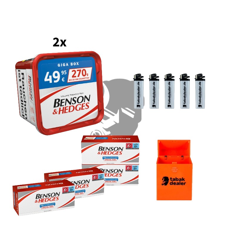 2x Benson & Hedges Tabak 270g, 1000 Hülsen, 5x Tabakdealer Feuerzeuge , Tabakdealer Etui 