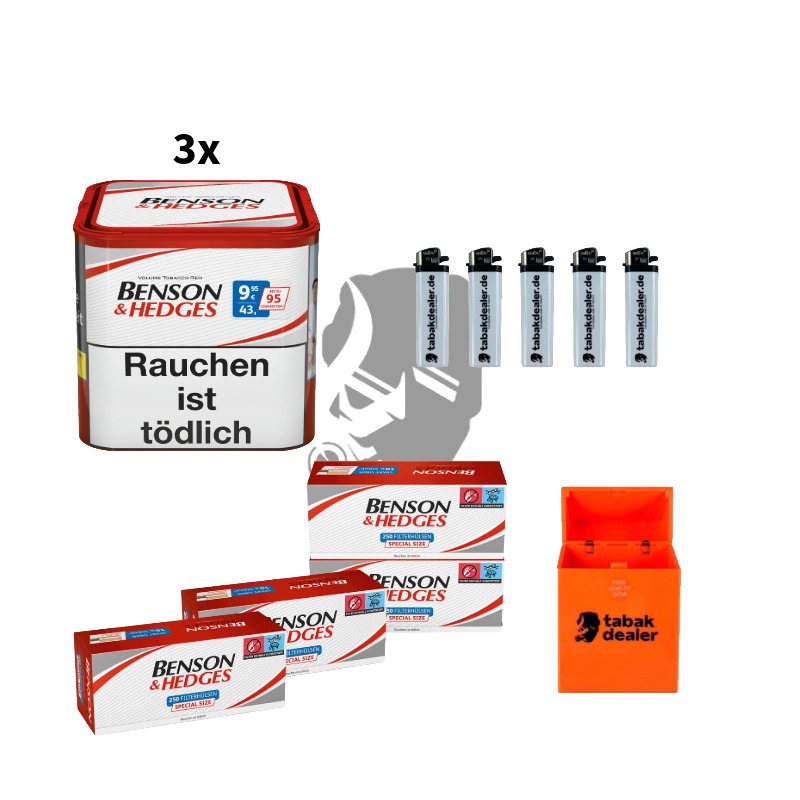3x Benson & Hedges Tabak 43g + 1000 Hülsen + 5 OCB Feuerzeuge und Tabakdealer Aschenbecher 