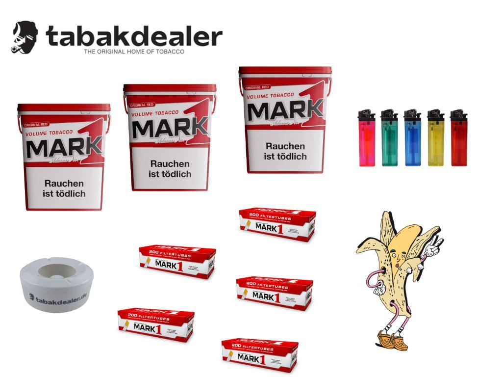 3 x Mark 1 Tabak 320g + 1000 Hülsen + 5 x Cool Reibrad Feuerzeuge + 1 x Tabakdealer Windaschenbecher 