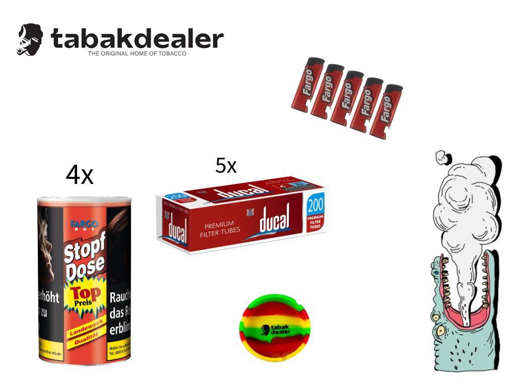 4 x Fargo Stopfdose Red 122g + 5 x 200 Ducal Hülsen + 5 Fargo Feuerzeuge + TD Aschenbecher 