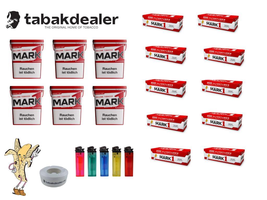 6 x Mark 1 Tabak 320g + 2000 Hülsen + 5 x Cool Reibrad Feuerzeuge + 1 x Tabakdealer Windaschenbecher 