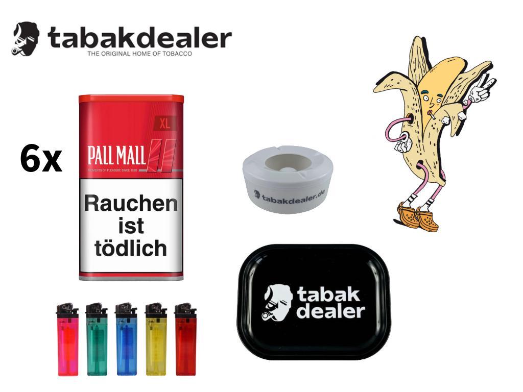 6x Pall Mall Red XL Tabak + 5 Cool Reibradfeuerzeuge + 1 Tabakdealer Tray schwarz + 1 Tabakdealer Windascher 1 x 43g