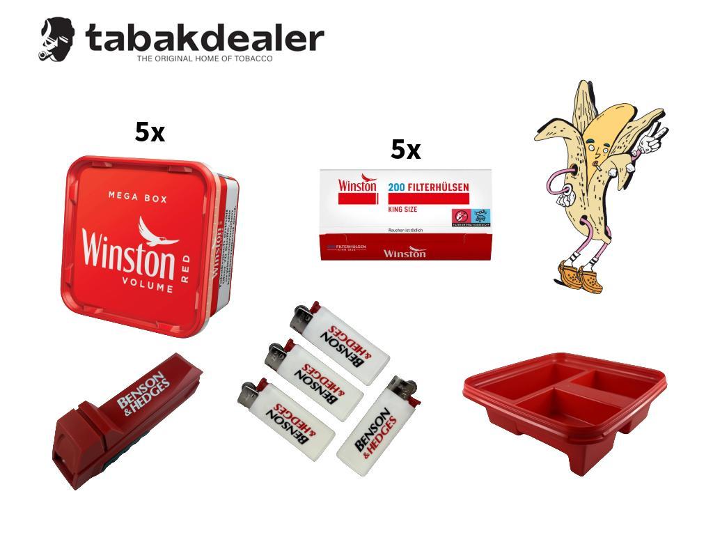 5x Winston Red Mega Box + 1000 Winston Hülsen +1 Benson & Hedges Duo Maker + 4 BIC Mini Feuerzeuge + 1 Winston Aufbewahrungsdeckel 