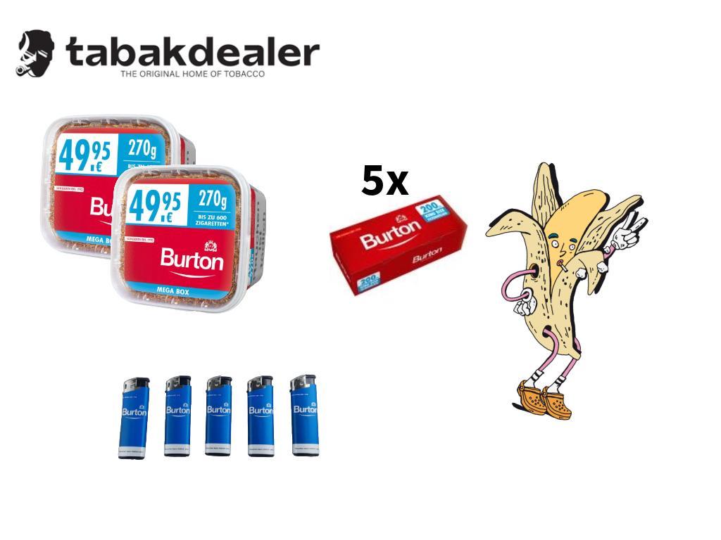 2x Burton Red XXXL Tabak + 1000 Burton Hülsen + Burton Feuerzeuge 